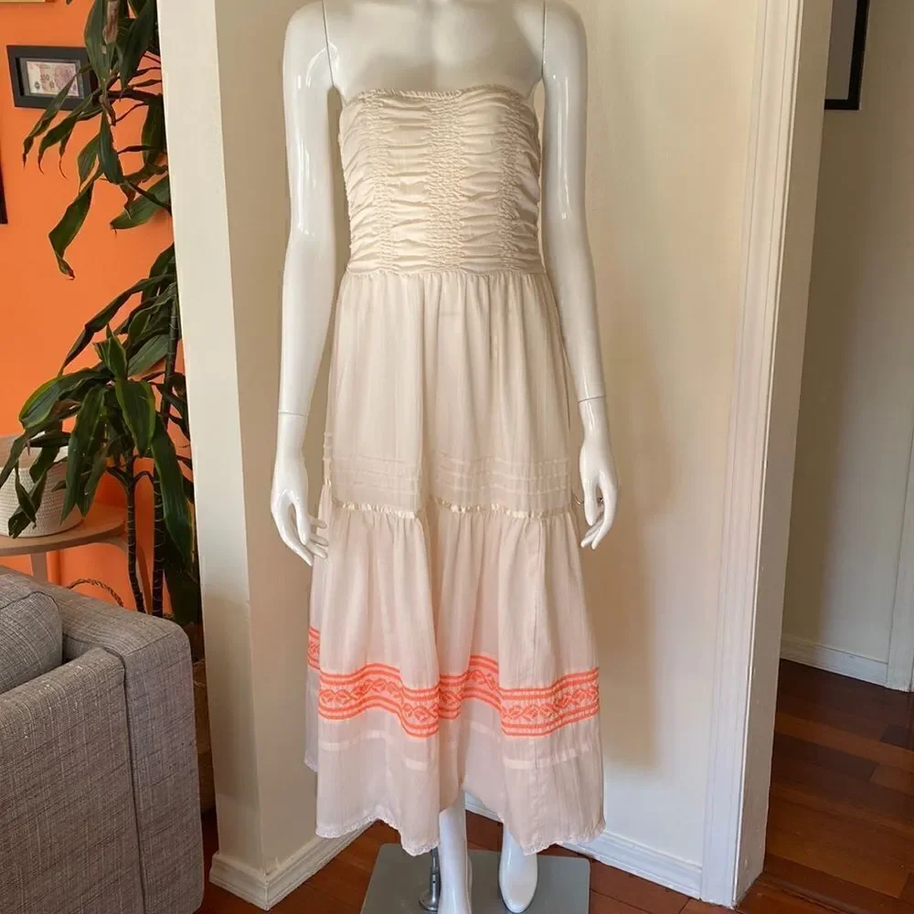 Free People Cream and Neon Orange Festival Peasant Dress Size Small